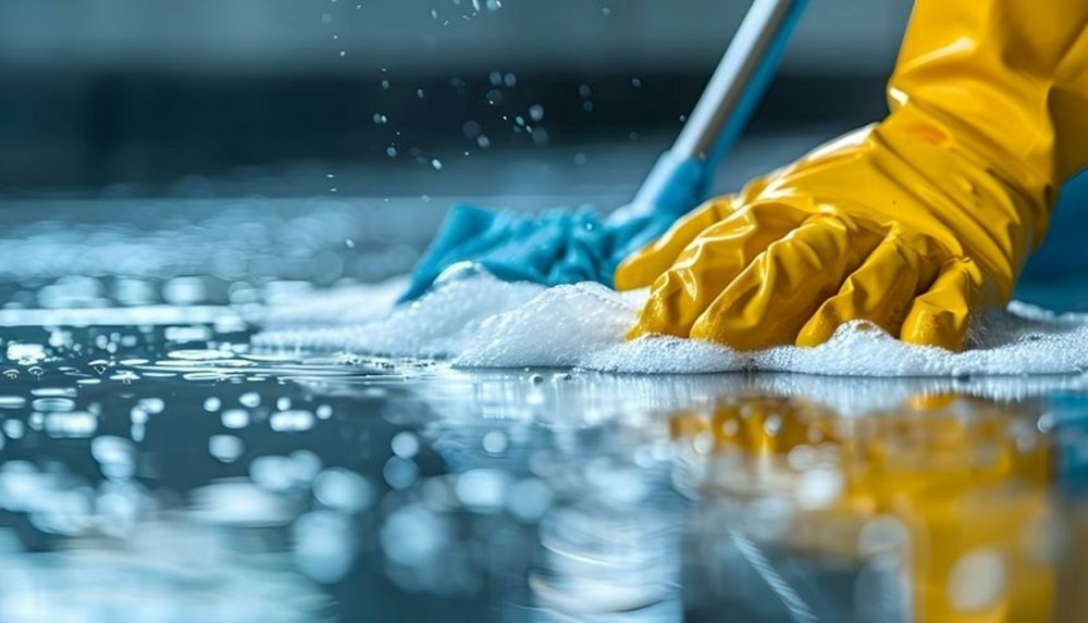 Gloved hand cleaning up liquid spilled on a hard floor