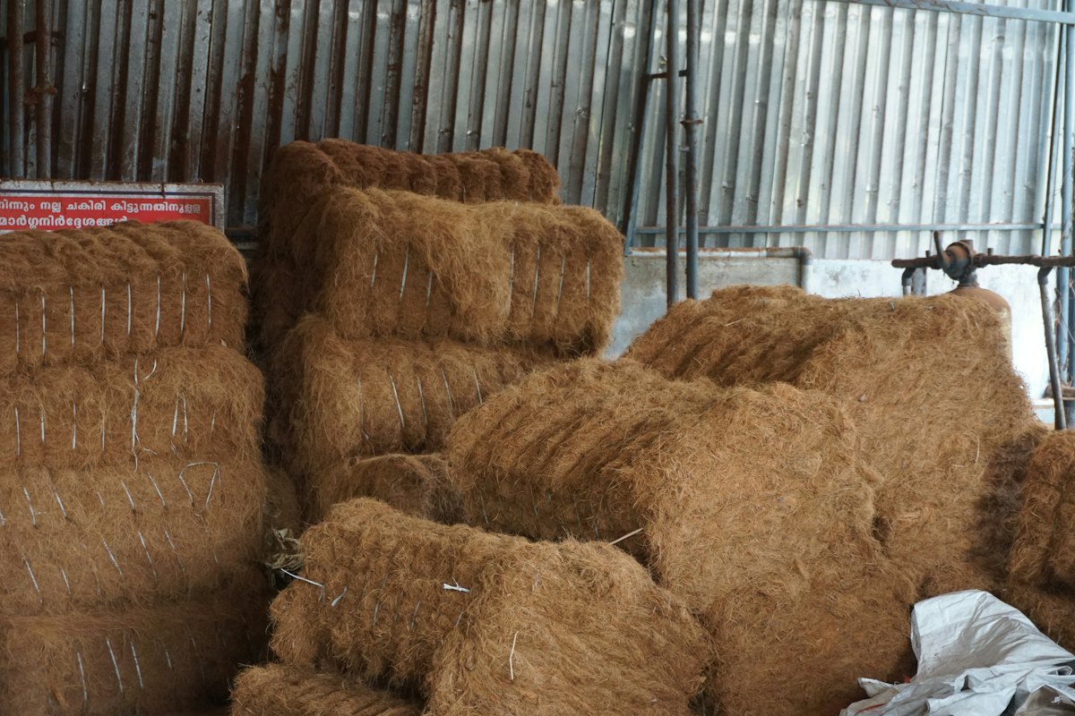 Compressed bales of coir fibre stacked in a warehouse