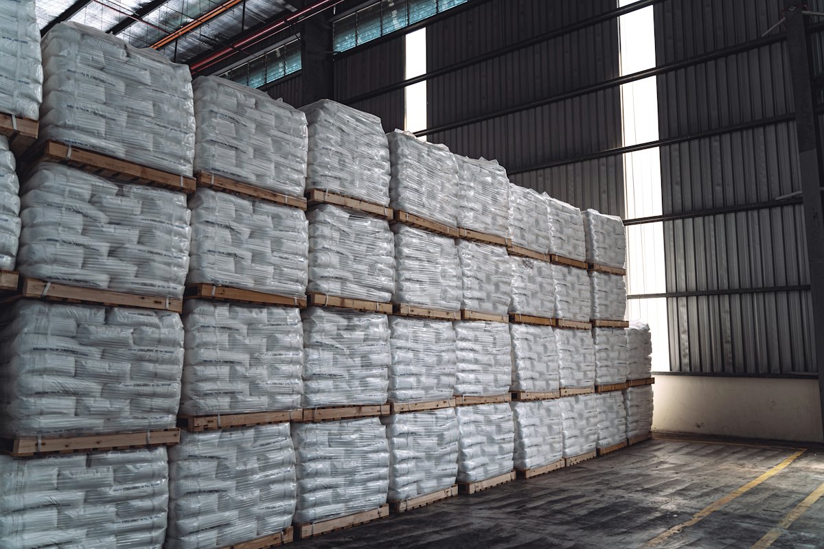 Stacks of filled bags on pallets inside a warehouse