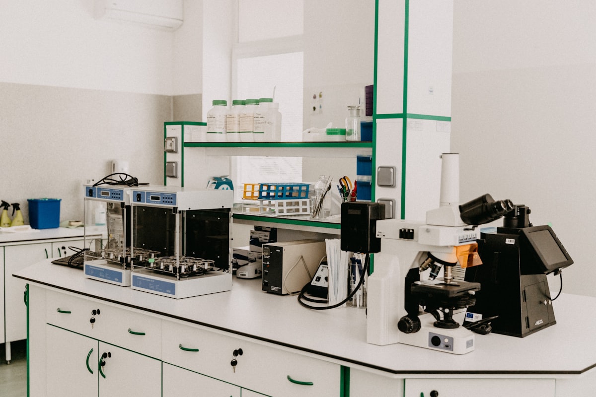 Bright laboratory bench with testing and analysis equipment